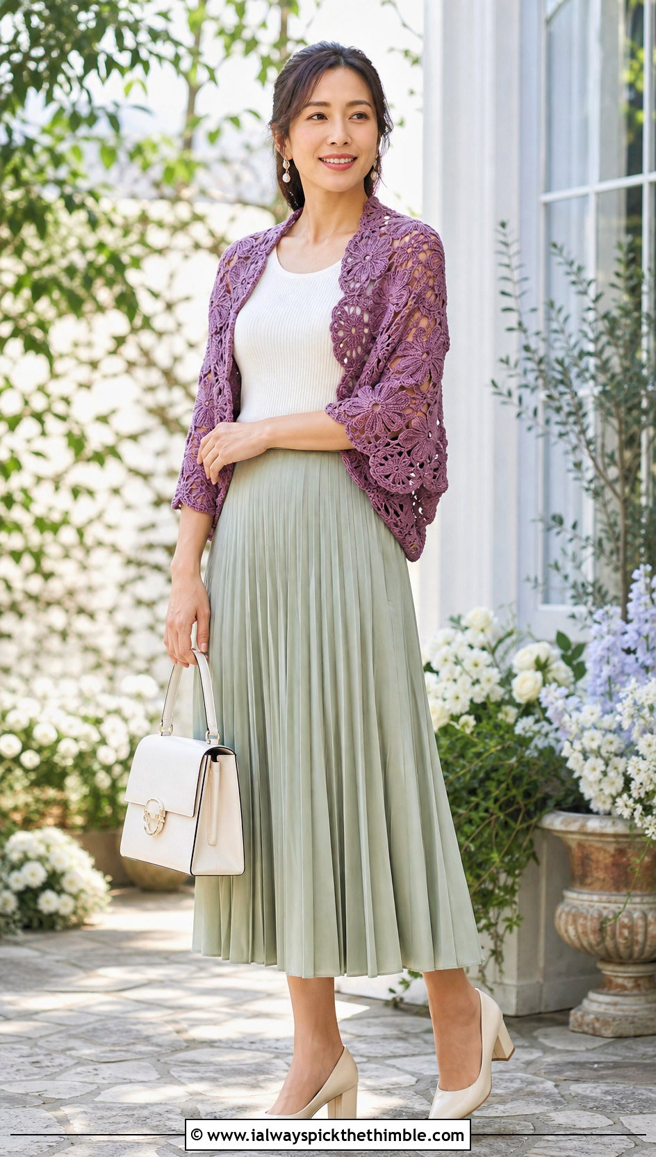 Floral Motif Crochet Cocoon Shrug With Pleated Midi Skirt - 20 Easy Crochet Cocoon Shrug outfit ideas