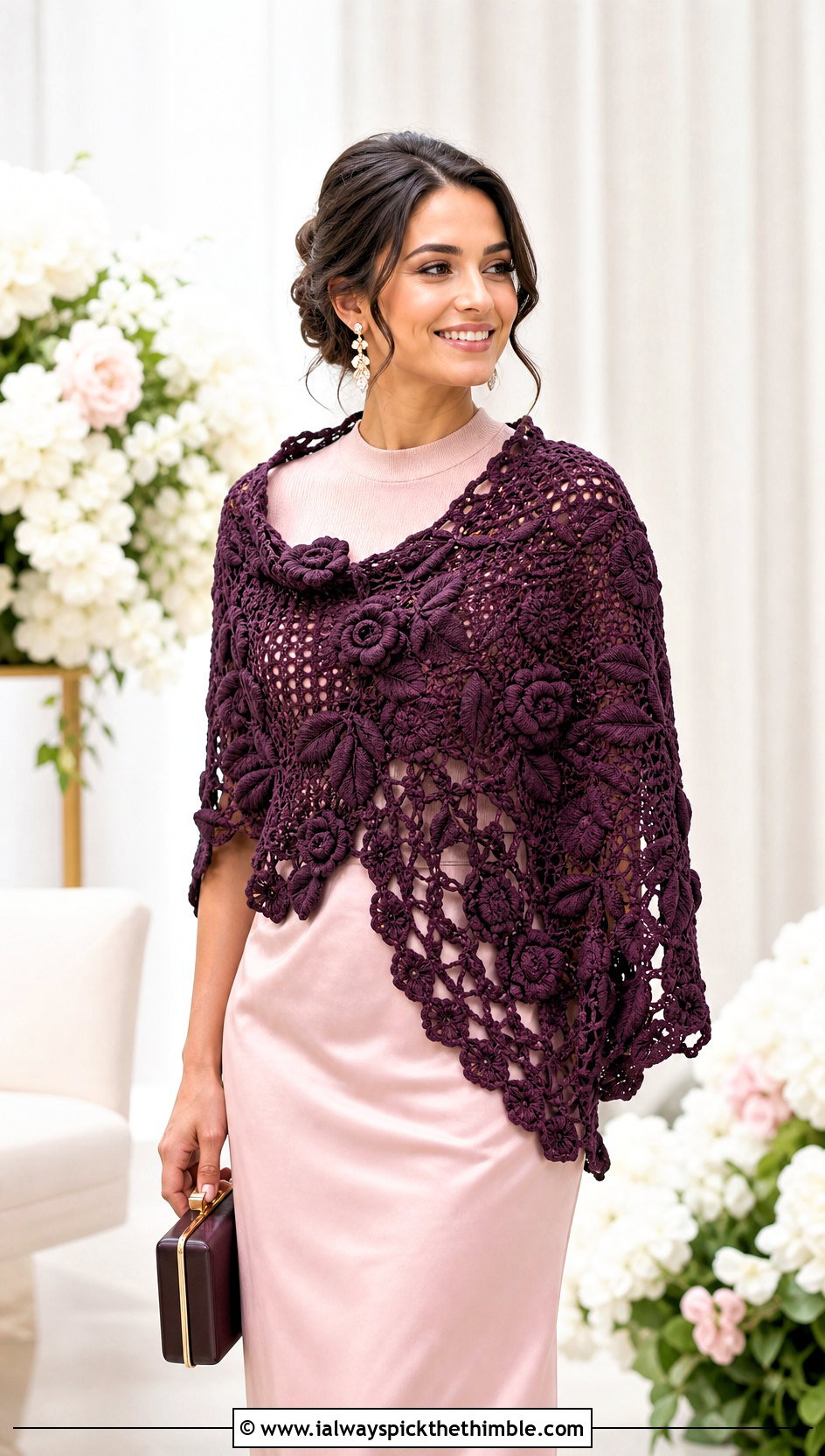 Floral Motif Crochet Cotton Shawl With Satin Slip Skirt - 15 Crochet Cotton Shawl outfit ideas