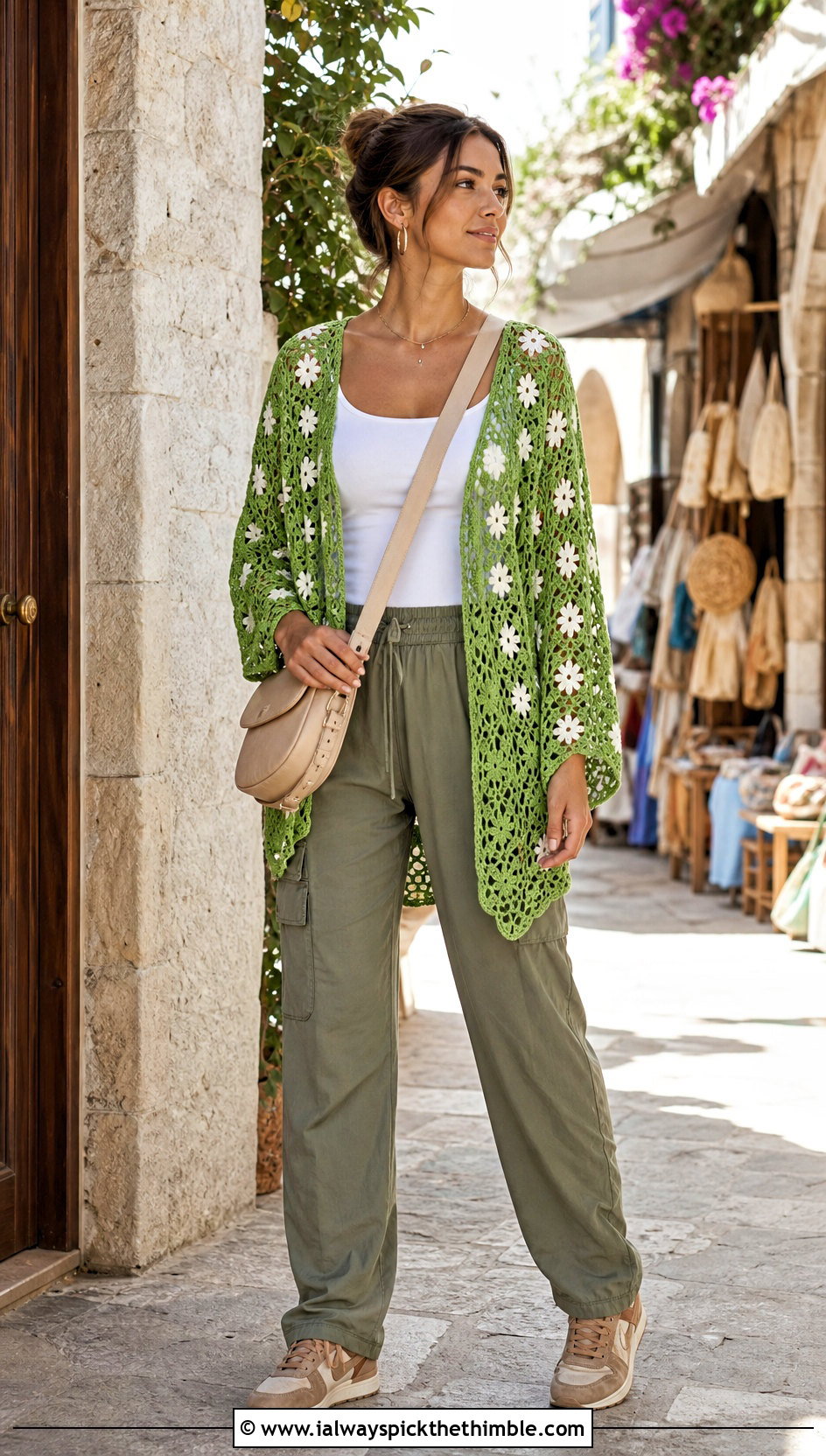 Floral Motif Crochet Cover Up Top With Utility Pants - 25 crochet cover up top outfit ideas