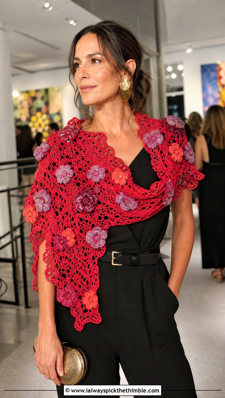 Floral Motif Crochet Cowl Shawl With Jumpsuit - 20 crochet cowl shawl outfit ideas