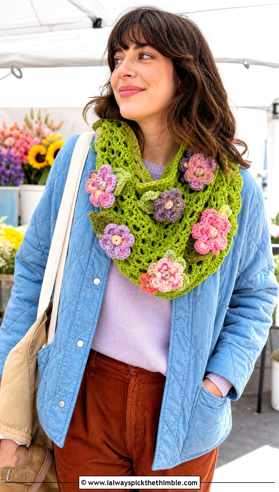 Floral Motif Crochet Cowl With Quilted Jacket - 20 Simple Crochet Cowl outfit ideas