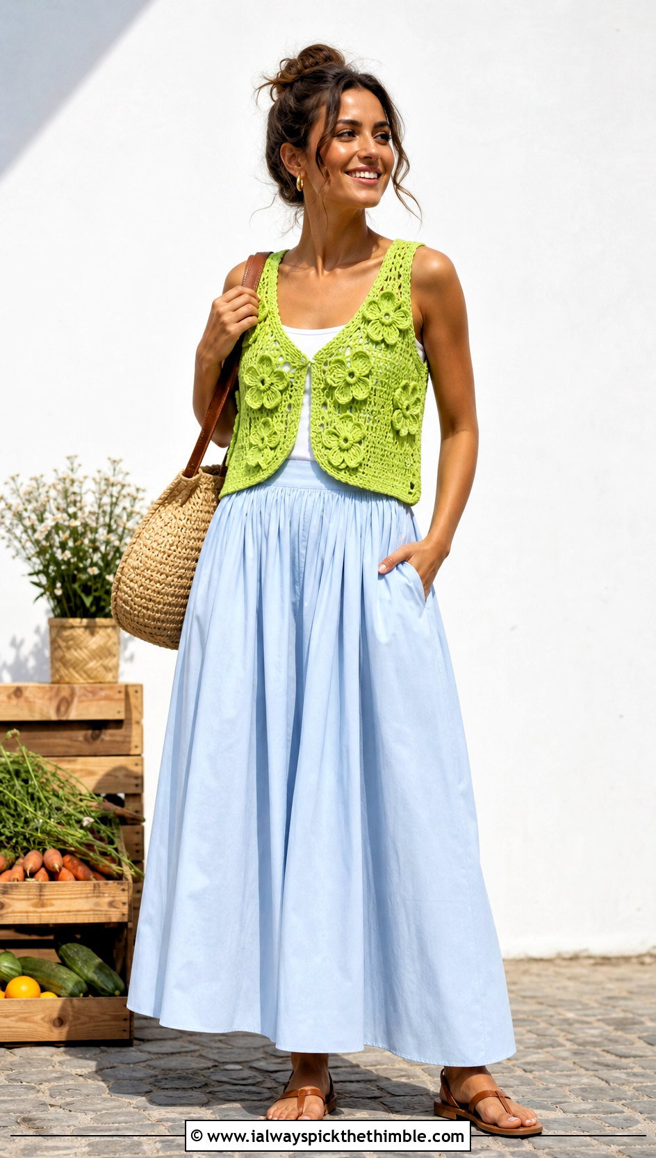 Floral Motif Crochet Cropped Vest With Poplin Maxi Skirt - 15 crochet cropped vest outfit ideas
