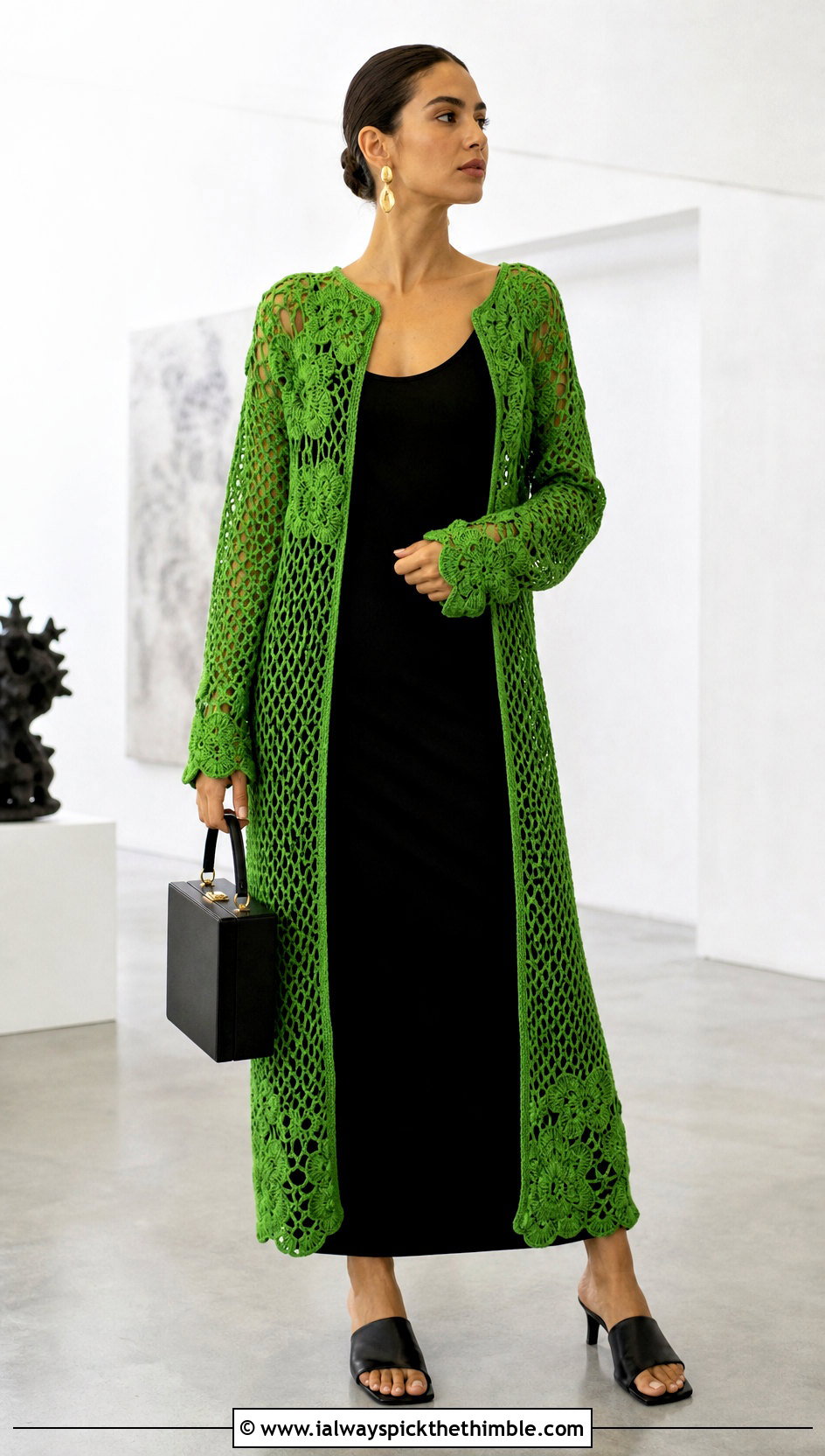 Floral Motif Crochet Duster Cardigan With Column Dress - 25 crochet duster cardigan outfit ideas