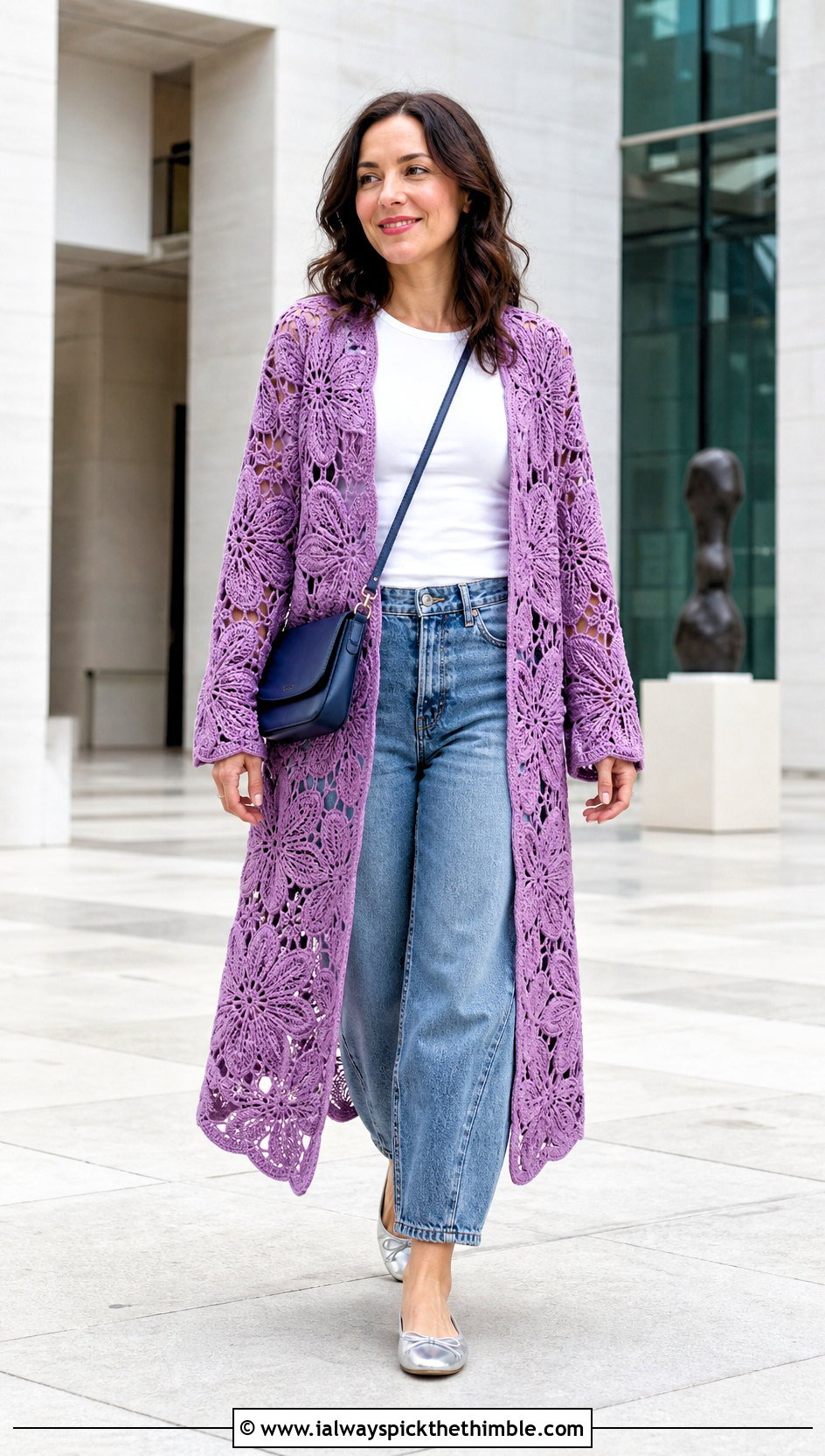 Floral Motif Crochet Duster With Barrel Jeans - 25 crochet long cardigan outfit ideas