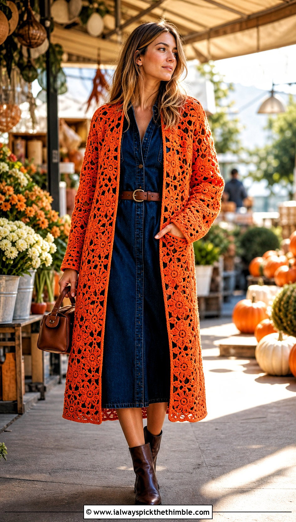 Floral Motif Crochet Duster With Denim Dress And Ankle Boots - 20 Easy Crochet Duster outfit ideas