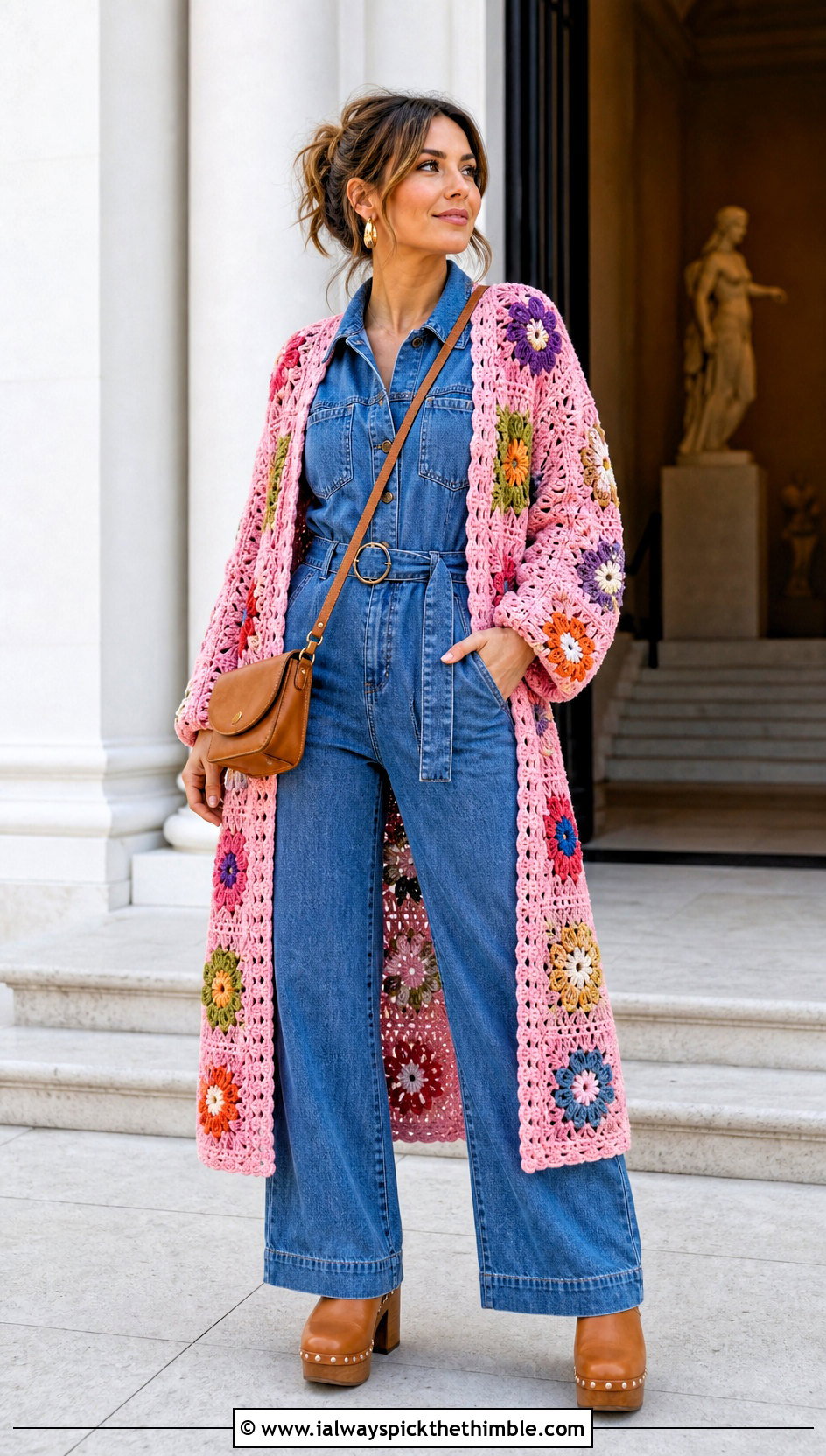 Floral Motif Crochet Duster With Denim Jumpsuit - 20 crochet duster outfit ideas