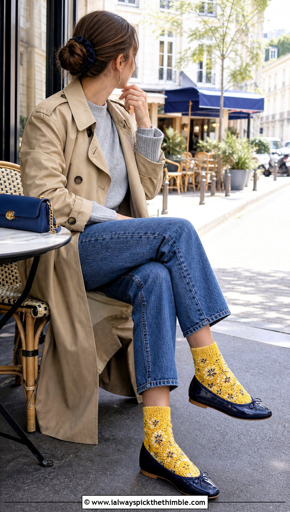 Floral Motif Crochet Flat Socks With Ballet Flats And Trench Coat - 20 Crochet Flat Socks outfit ideas