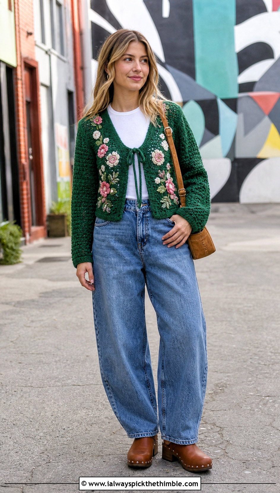 Floral Motif Crochet Front Tie Cardigan With Barrel Jeans - 15 crochet front tie cardigan outfit ideas