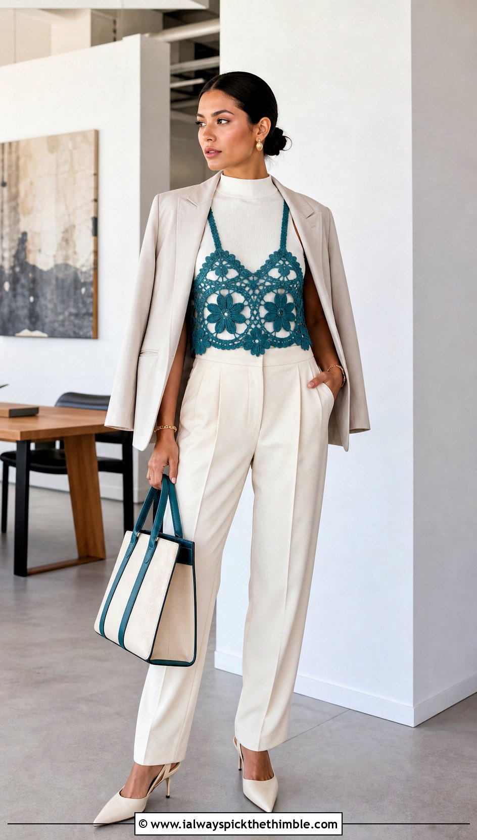 Floral Motif Crochet Harness Top With Trouser Suit - 15 Crochet Harness Top outfit ideas