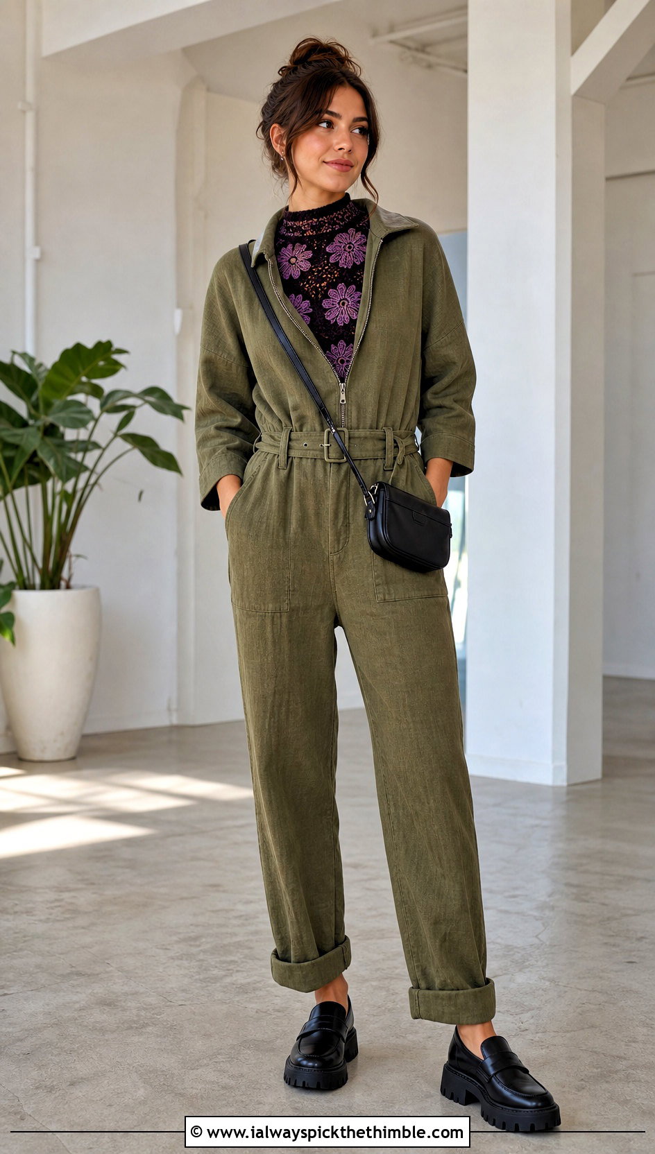 Floral Motif Crochet High Neck Tank Top With Utility Jumpsuit - 20 crochet high neck tank top outfit ideas