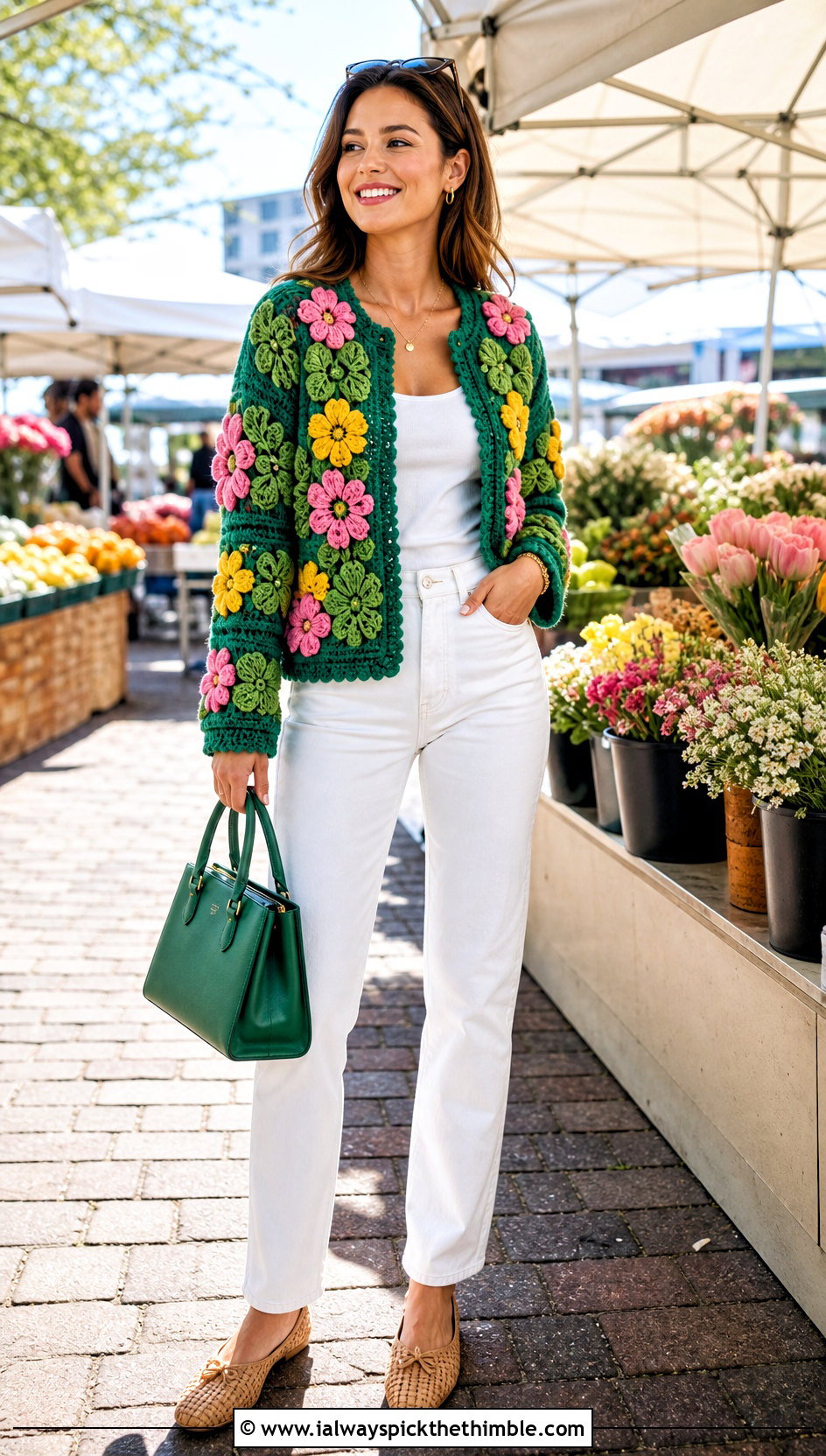Floral Motif Crochet Jacket With White Denim - 20 crochet jacket for women outfit ideas
