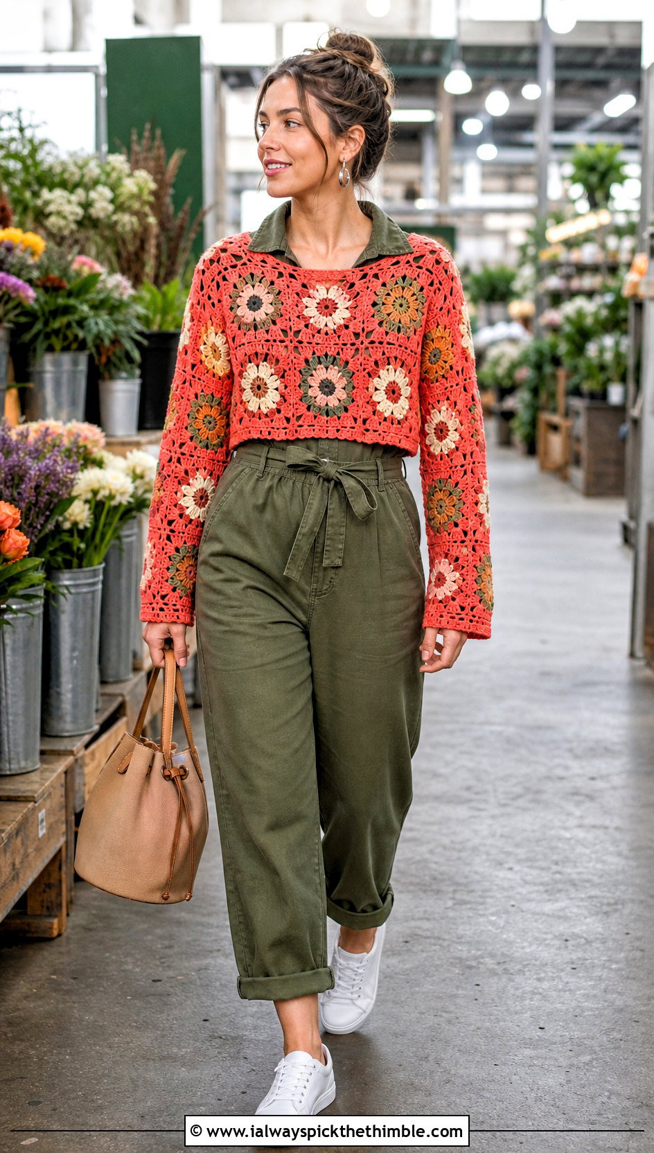 Floral Motif Crochet Jumper Over A Utility Jumpsuit - 20 simple crochet jumper outfit ideas