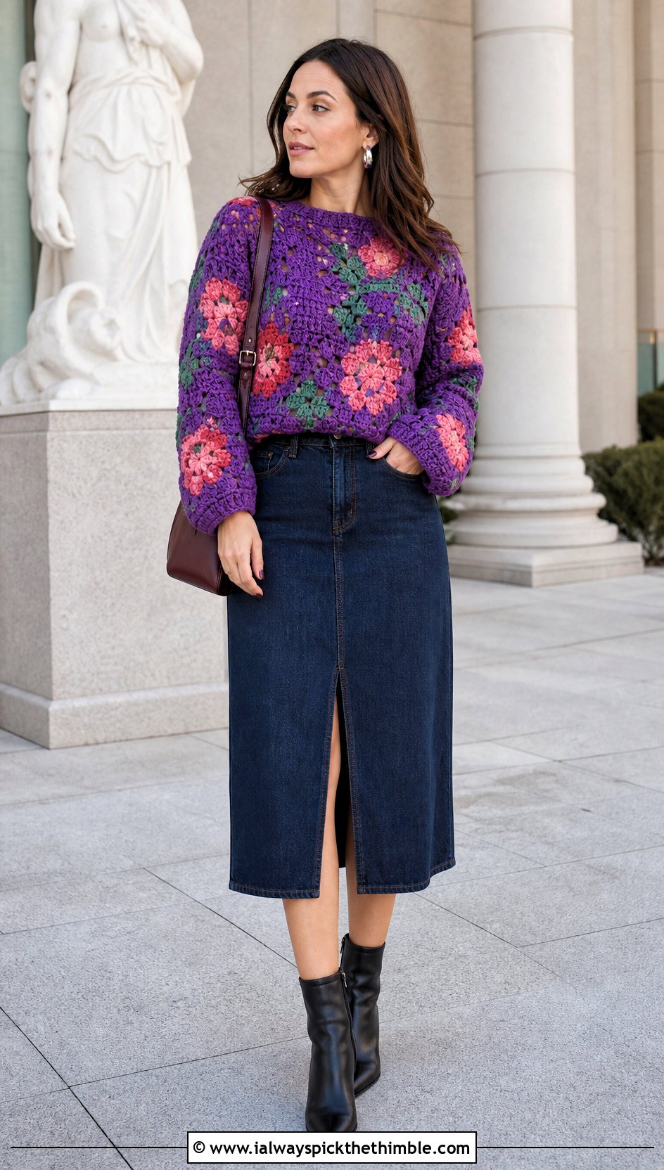 Floral Motif Crochet Jumper With Denim Midi Skirt - 20 crochet jumper for women outfit ideas