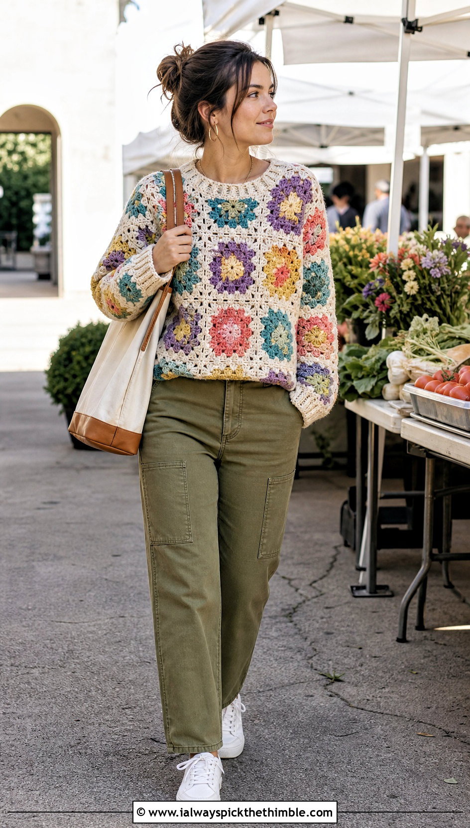 Floral Motif Crochet Jumper With Utility Pants - 25 easy crochet jumper outfit ideas