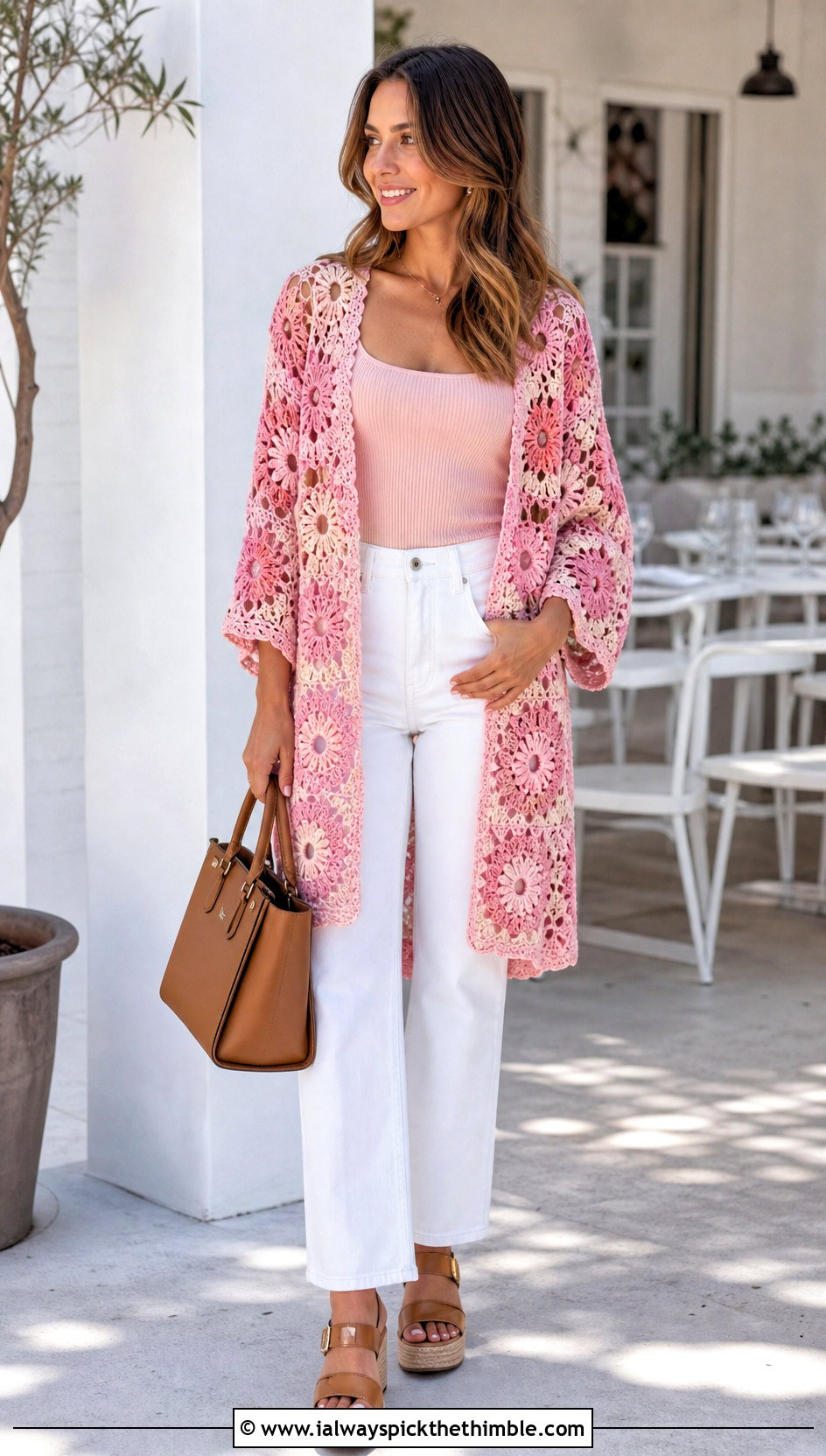 Floral Motif Crochet Kimono Cardigan With White Denim - 25 crochet kimono cardigan outfit ideas