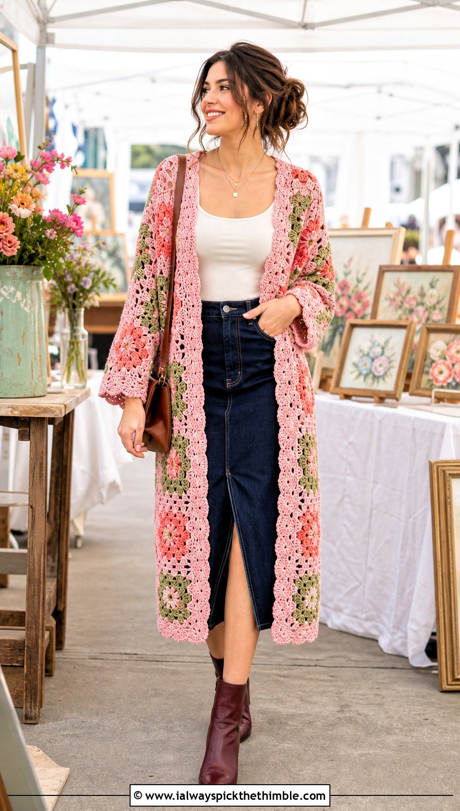 Floral Motif Crochet Kimono With Denim Midi Skirt - 25 crochet kimono outfit ideas