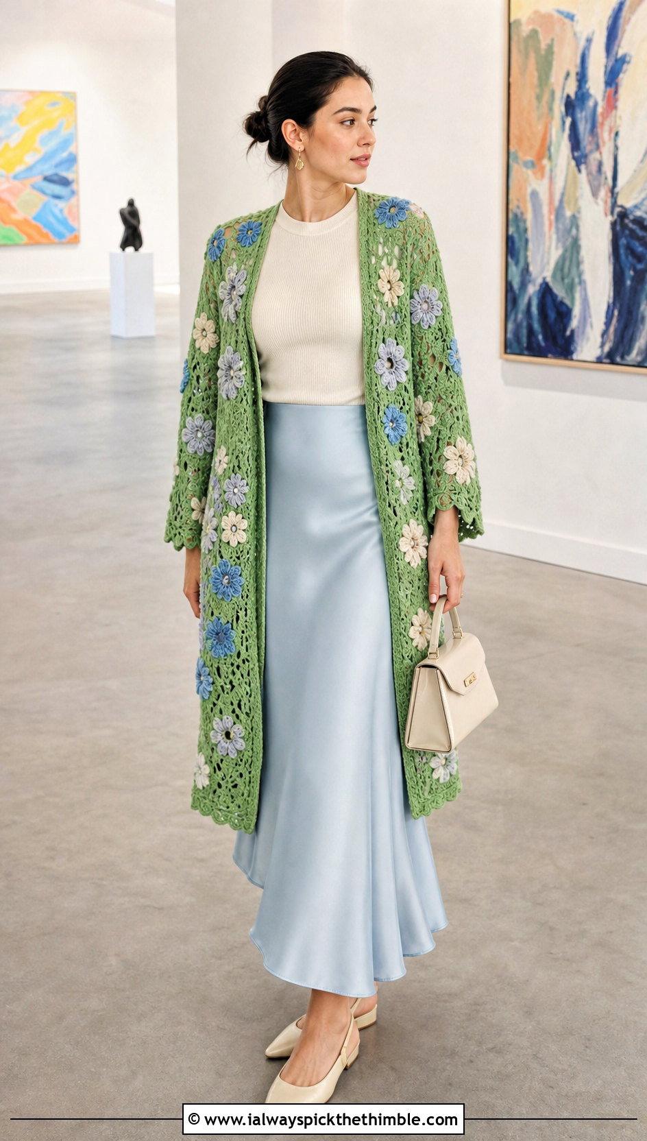Floral Motif Crochet Kimono With Midi Skirt - 20 easy crochet kimono outfit ideas
