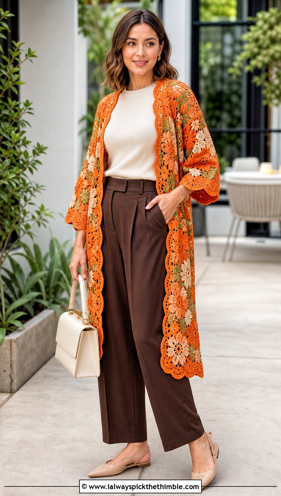 Floral Motif Crochet Kimono With Tailored Trousers - 20 Boho Crochet Kimono outfit ideas