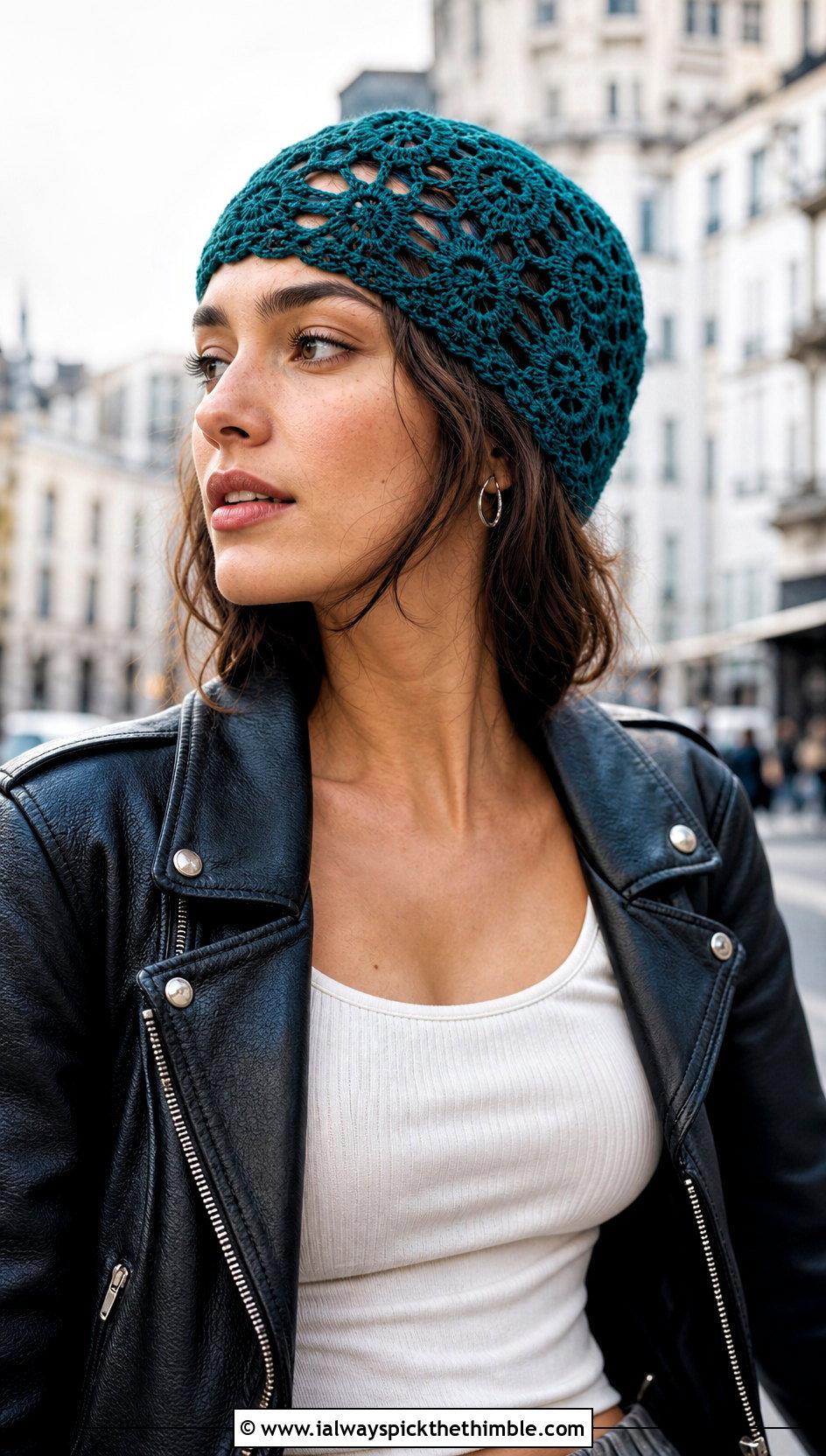 Floral Motif Crochet Lace Beanie With Leather Jacket - 20 crochet lace beanie outfit ideas