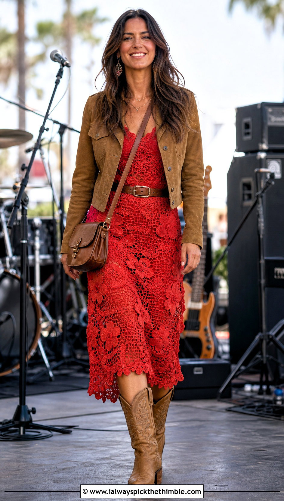 Floral Motif Crochet Lace Dress With Western Boots - 25 Crochet Lace Dress outfit ideas