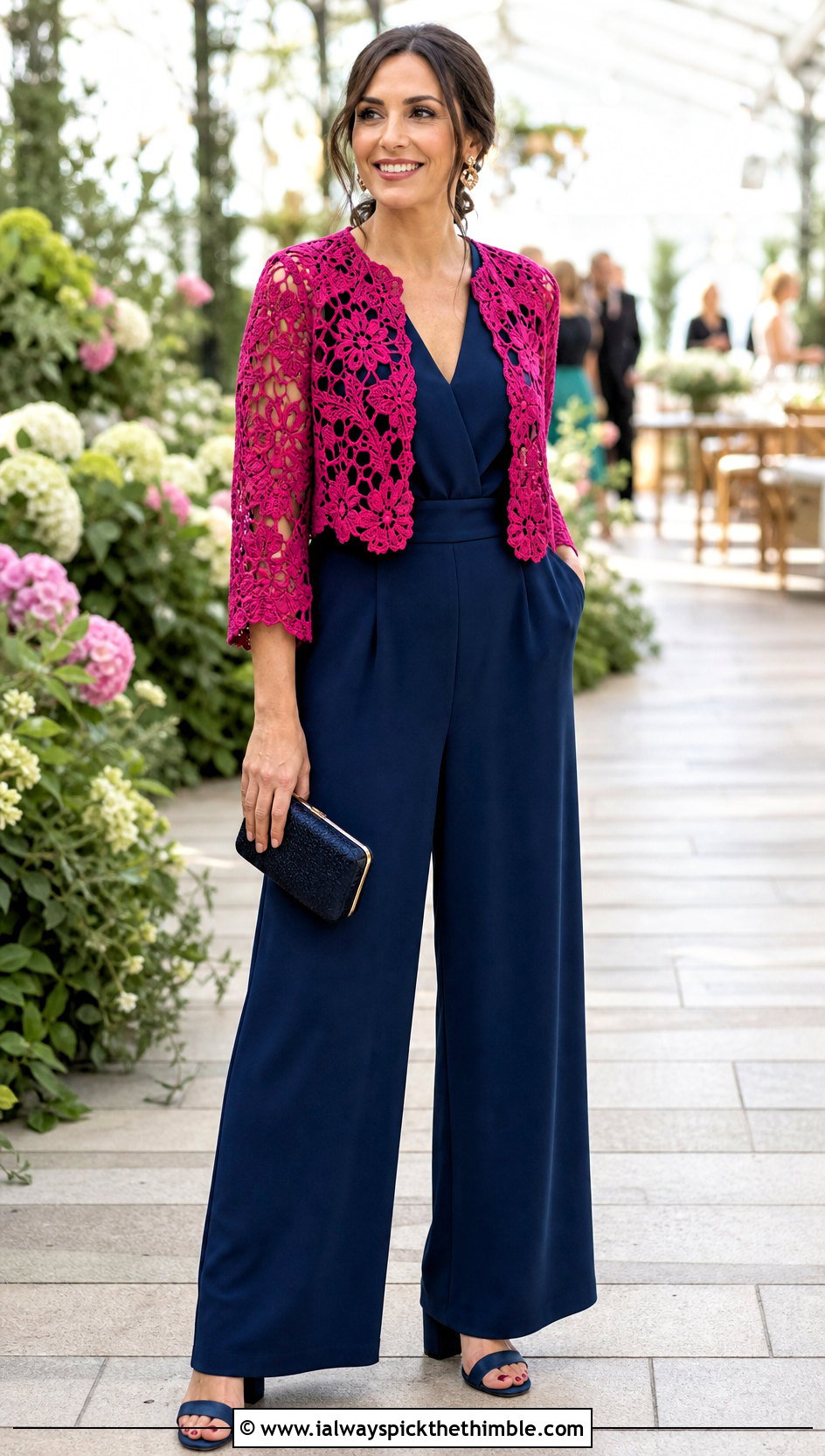 Floral Motif Crochet Lace Jacket With Tailored Jumpsuit - 25 crochet lace jacket outfit ideas