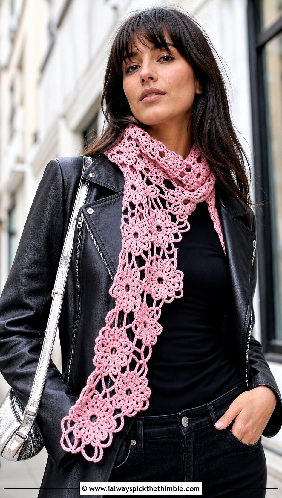 Floral Motif Crochet Lace Scarf With Leather Jacket And Black Jeans - 20 easy crochet lace scarf outfit ideas
