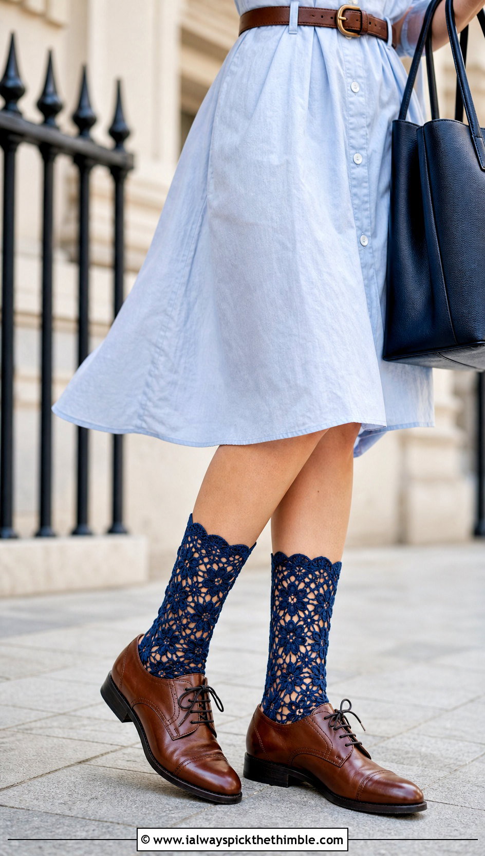 Floral Motif Crochet Lace Socks With Oxfords And Shirt Dress - 20 Crochet Lace Socks outfit ideas