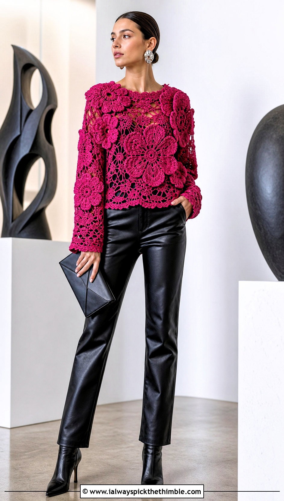 Floral Motif Crochet Lacy Sweater With Leather Pants - 20 crochet lacy sweater outfit ideas