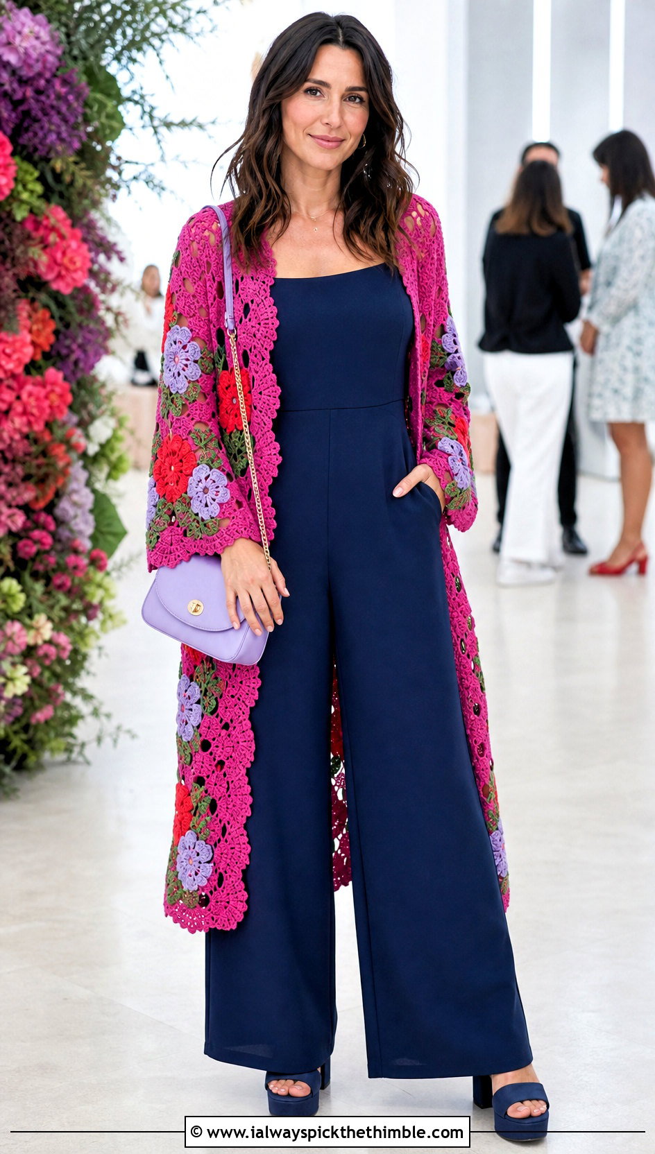 Floral Motif Crochet Long Cardigan With Jumpsuit - 20 Easy Crochet Long Cardigan outfit ideas