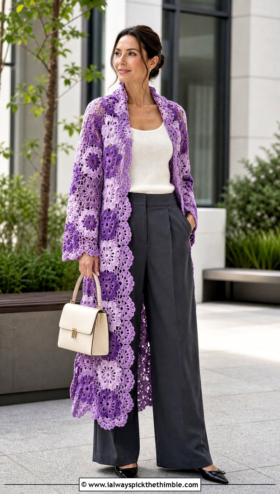 Floral Motif Crochet Long Coat With Wide Leg Trousers - 25 crochet long coat outfit ideas