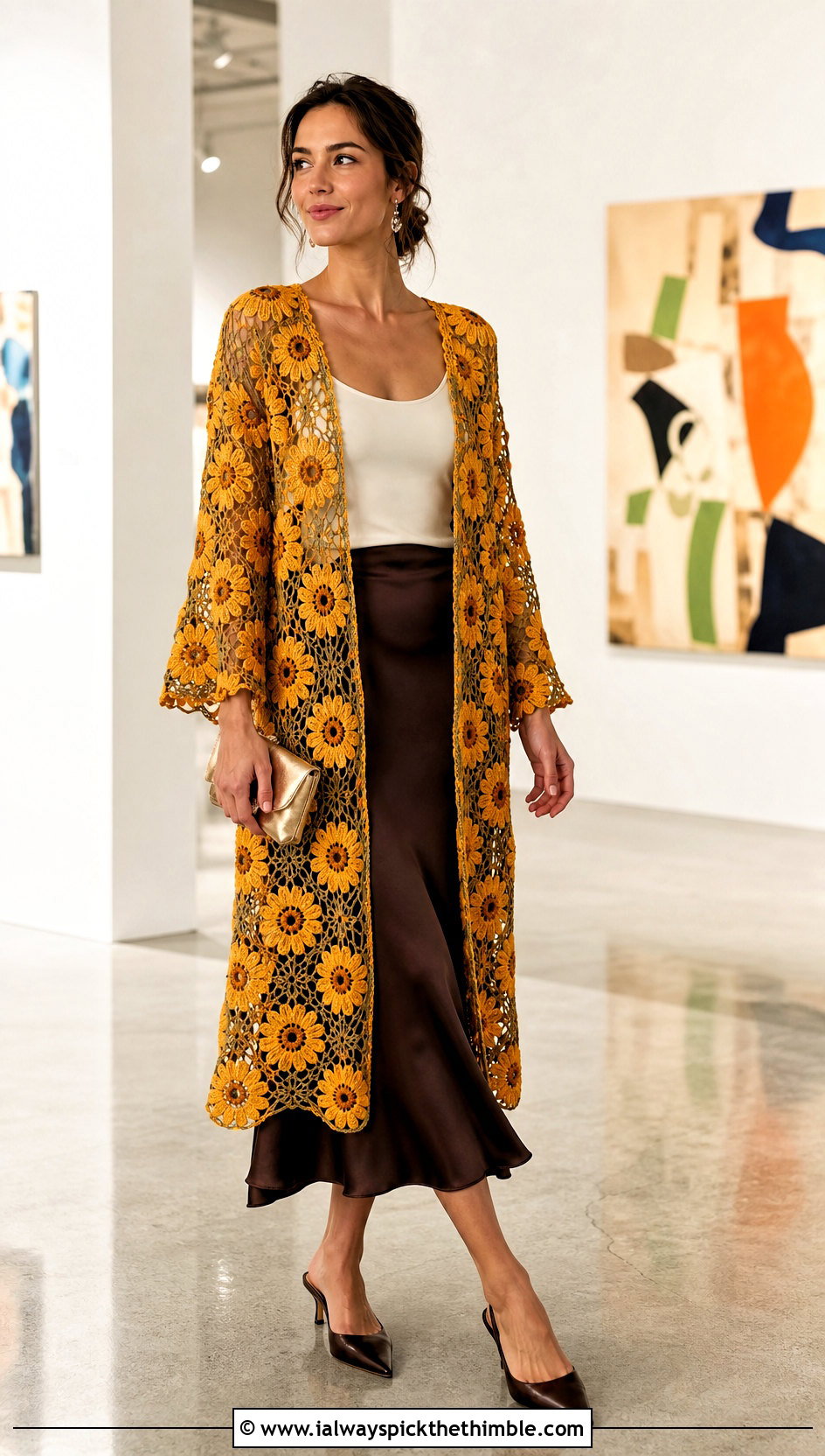 Floral Motif Crochet Long Poncho With Satin Skirt - 15 Crochet Long Poncho outfit ideas
