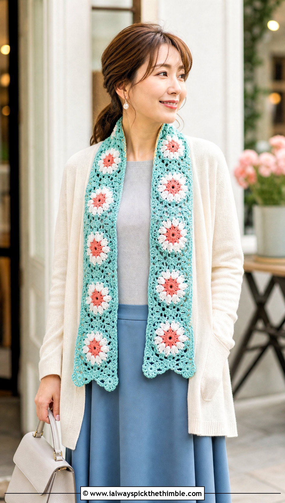 Floral Motif Crochet Long Scarf With Cardigan And Midi Skirt - 20 Crochet Long Scarf outfit ideas