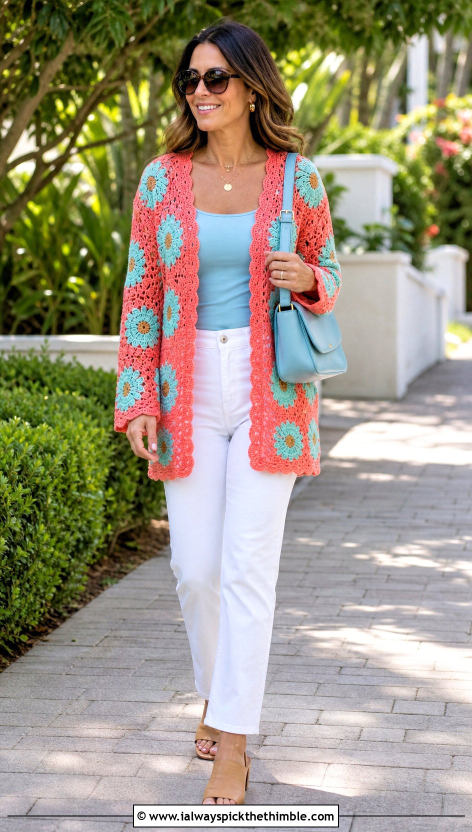 Floral Motif Crochet Long Sleeve Cardigan With White Jeans - 20 Crochet Long Sleeve Cardigan outfit ideas