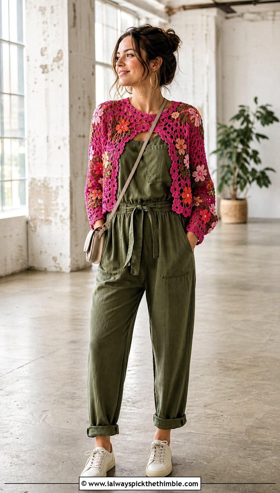 Floral Motif Crochet Long Sleeve Top Over A Utility Jumpsuit - 20 Easy Crochet Long Sleeve Top outfit ideas