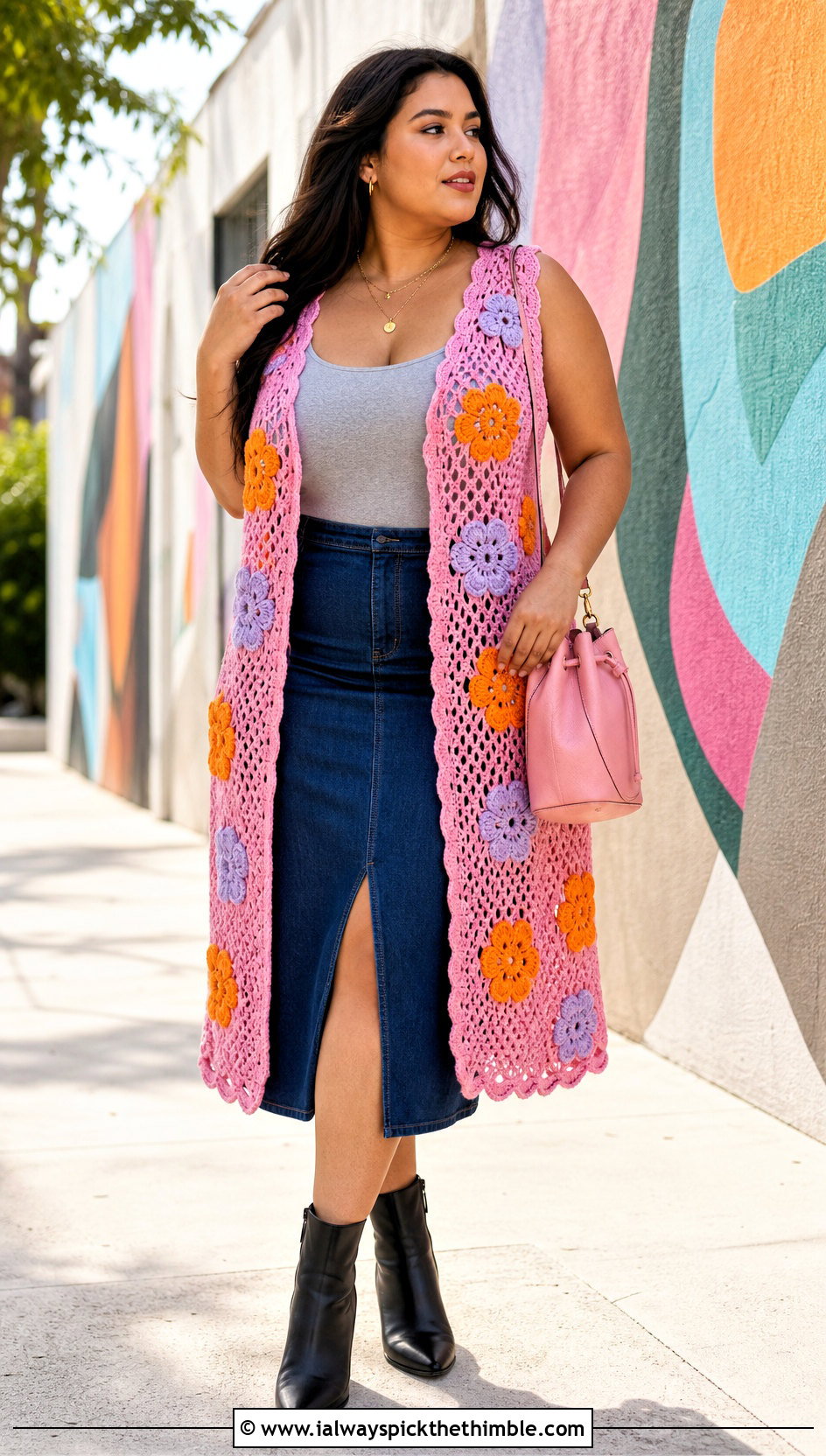 Floral Motif Crochet Long Vest With Denim Midi Skirt - 20 Easy Crochet Long Vest outfit ideas