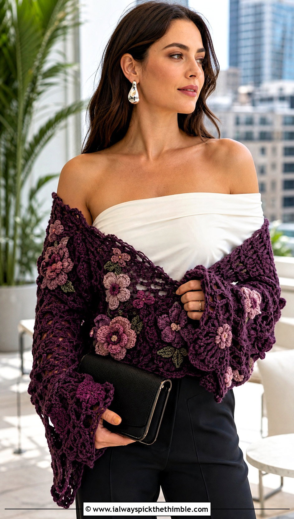 Floral Motif Crochet Mason Jar Sweater With Party Trousers - 20 Crochet Mason Jar Sweater outfit ideas