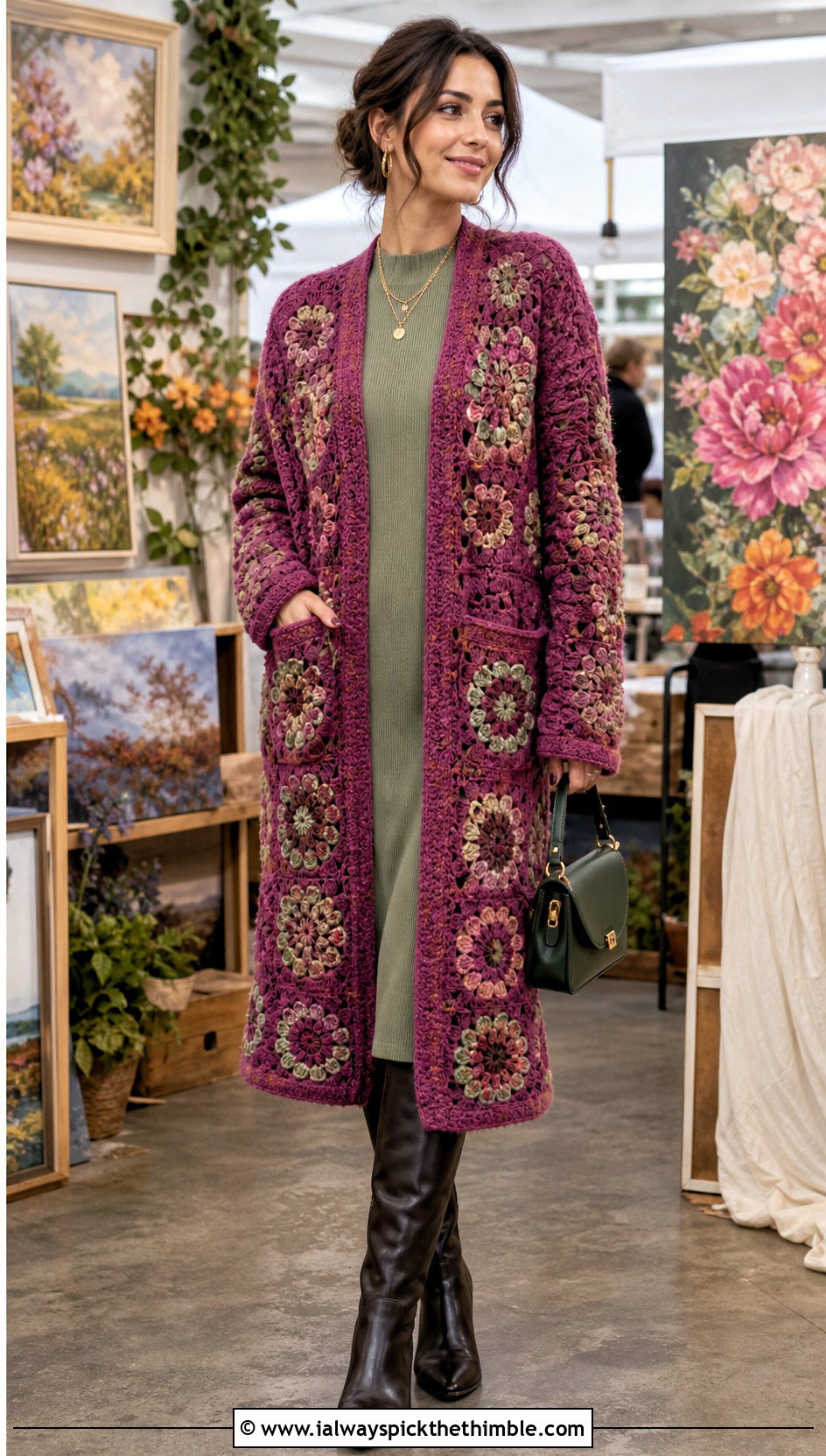 Floral Motif Crochet Maxi Cardigan With Column Dress - 15 crochet long cardigan with pockets outfit ideas