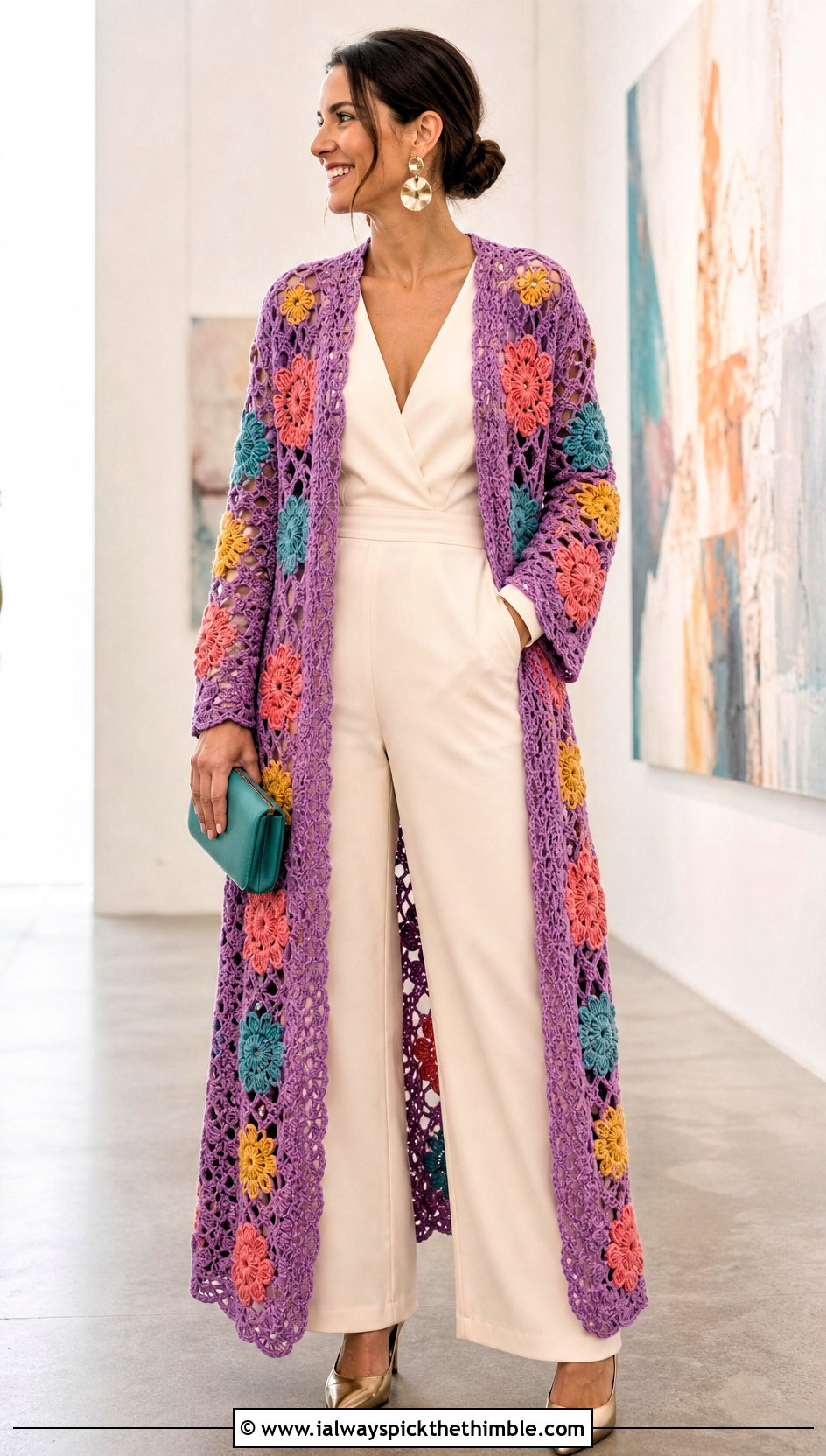 Floral Motif Crochet Maxi Cardigan With Tailored Jumpsuit - 25 crochet long sweater outfit ideas