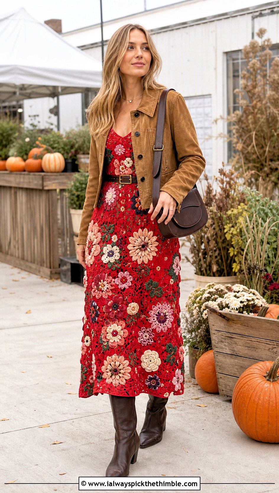 Floral Motif Crochet Maxi Dress With Suede Jacket - 25 Crochet Maxi Dress outfit ideas