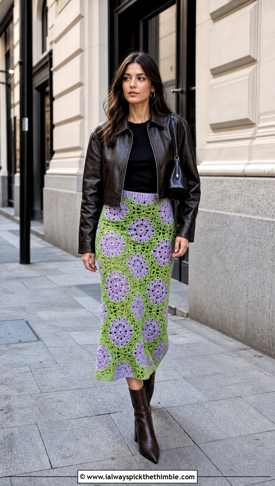 Floral Motif Crochet Midi Skirt With Leather Jacket - 20 Boho Crochet Skirt outfit ideas