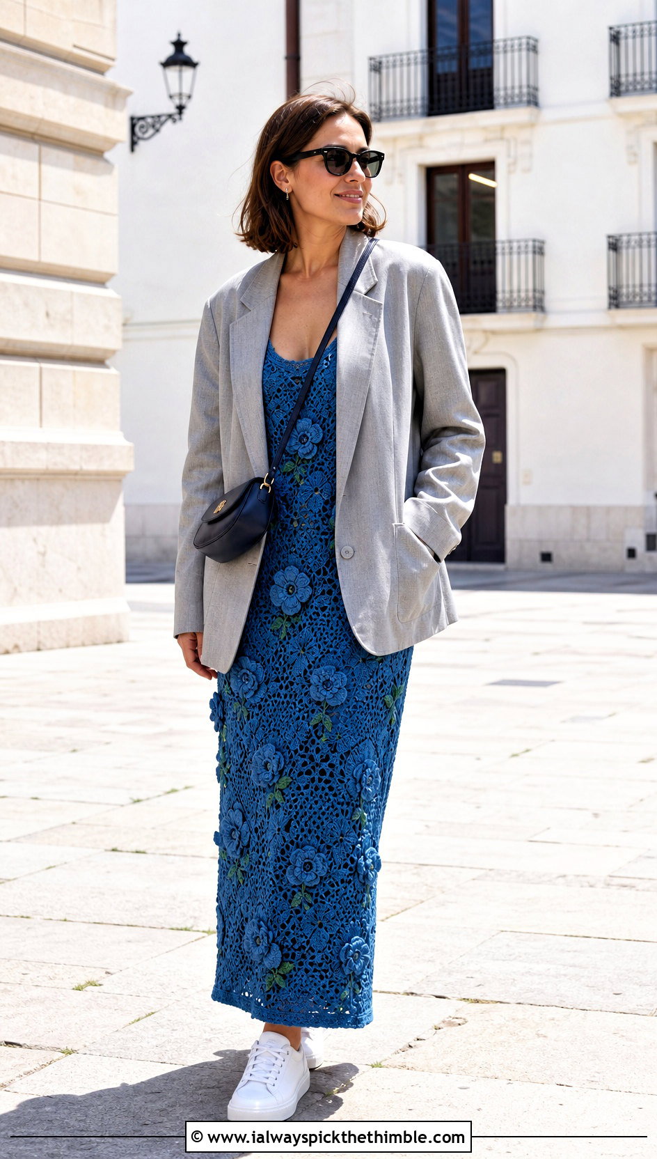 Floral Motif Crochet Nightgown With Blazer And Sneakers - 25 crochet nightgown outfit ideas