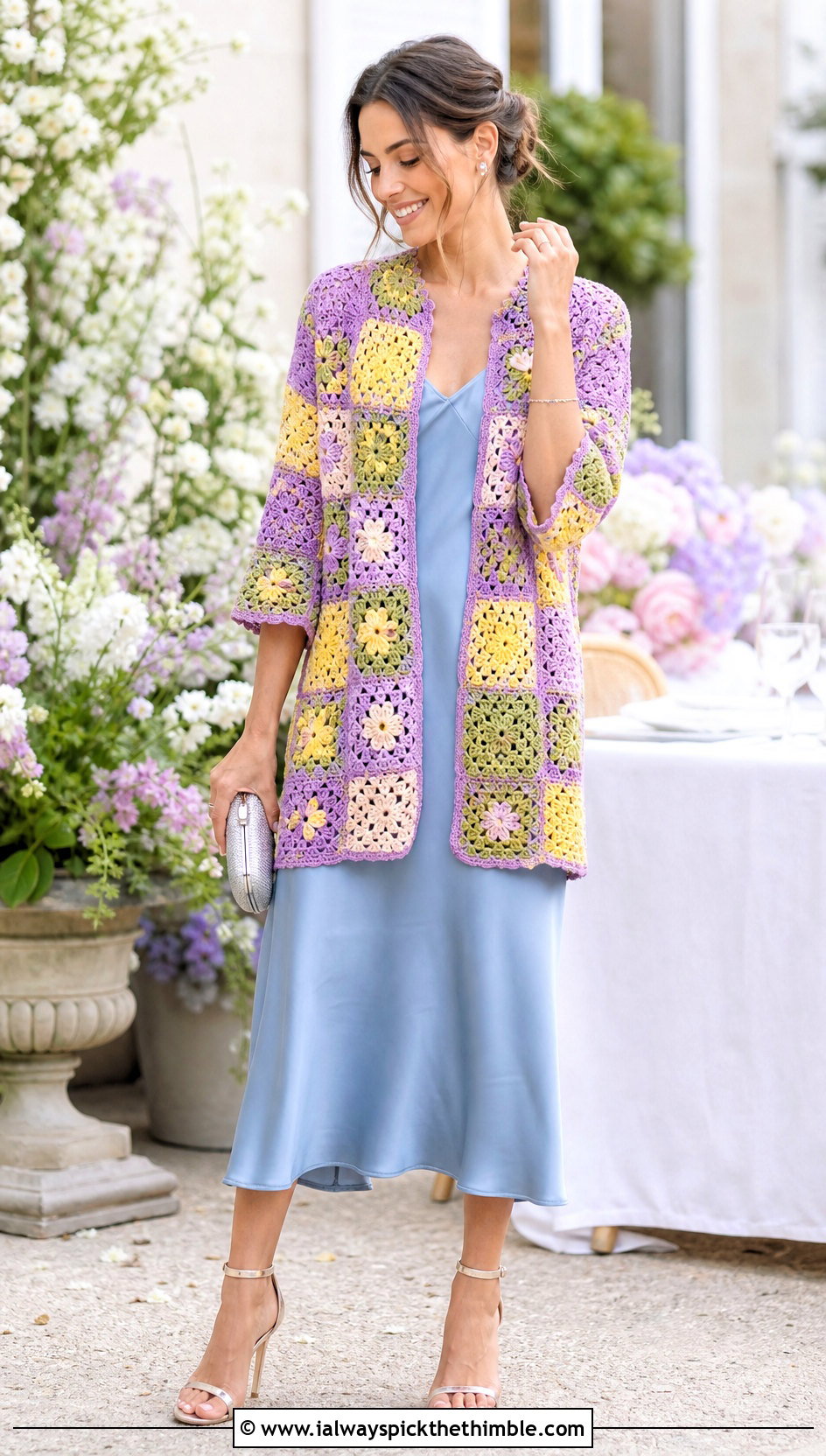 Floral Motif Crochet Patchwork Cardigan With Slip Dress - 25 crochet patchwork cardigan outfit ideas