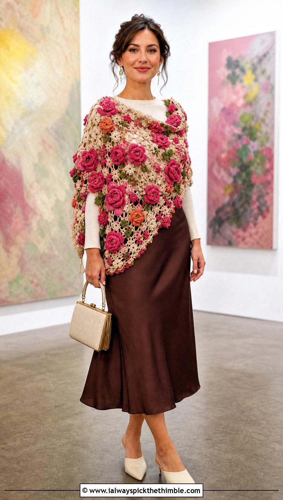 Floral Motif Crochet Poncho Shawl With Satin Skirt - 20 crochet poncho shawl outfit ideas