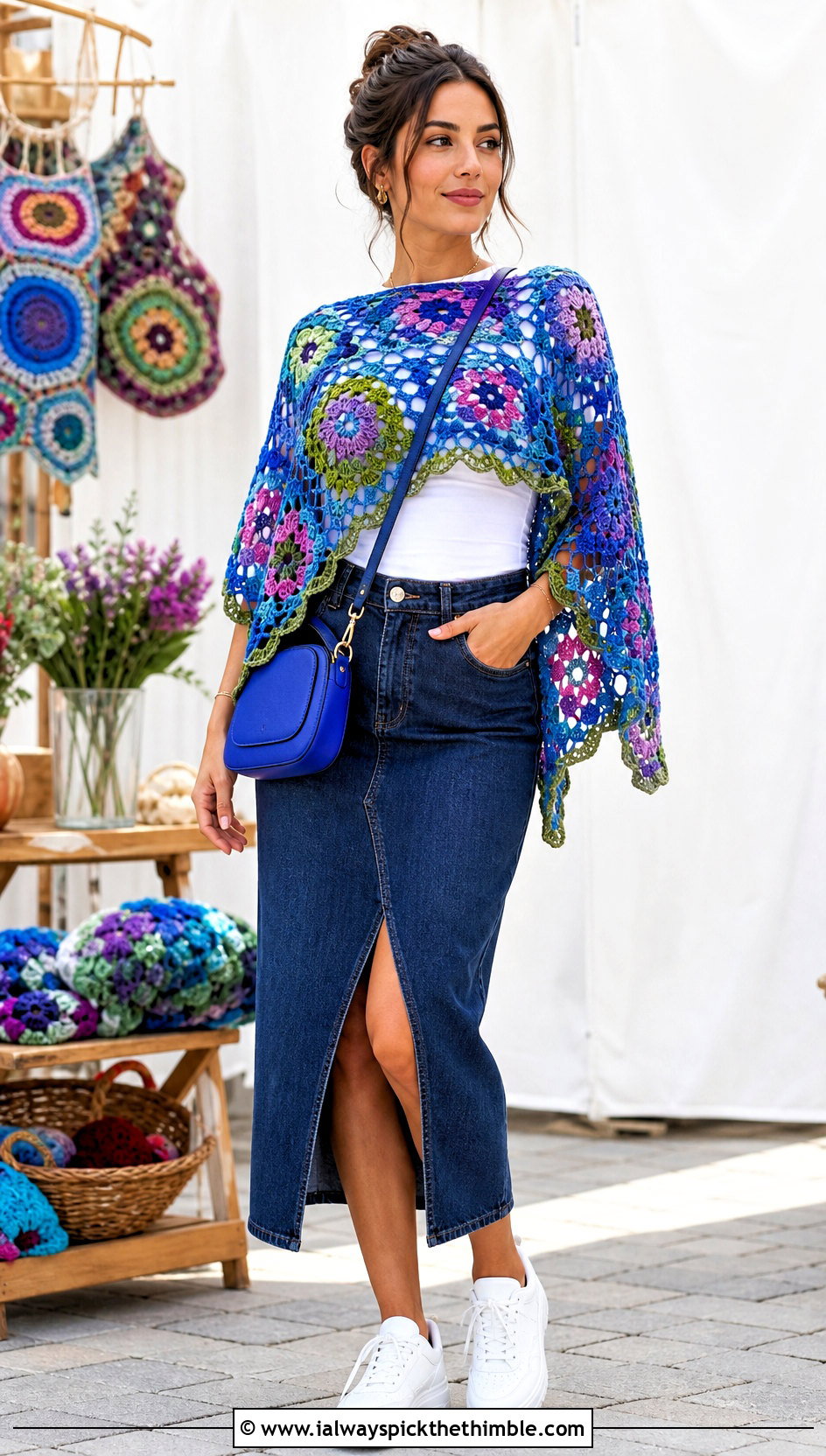 Floral Motif Crochet Poncho With A Denim Skirt - 20 Crochet For Poncho outfit ideas