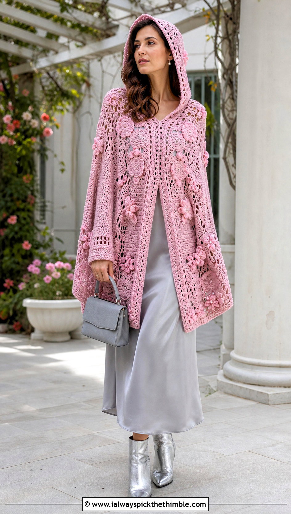 Floral Motif Crochet Poncho With Hood and Slip Dress - 25 crochet poncho with hood outfit ideas