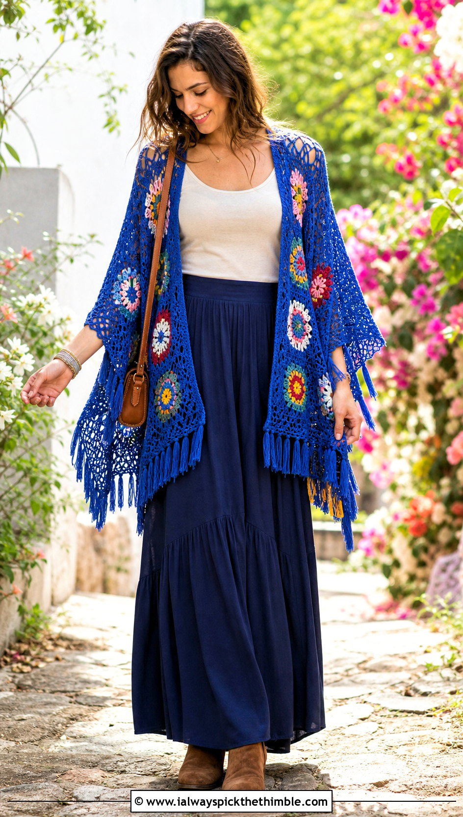 Floral Motif Crochet Poncho With Maxi Skirt - 20 crochet poncho for women outfit ideas