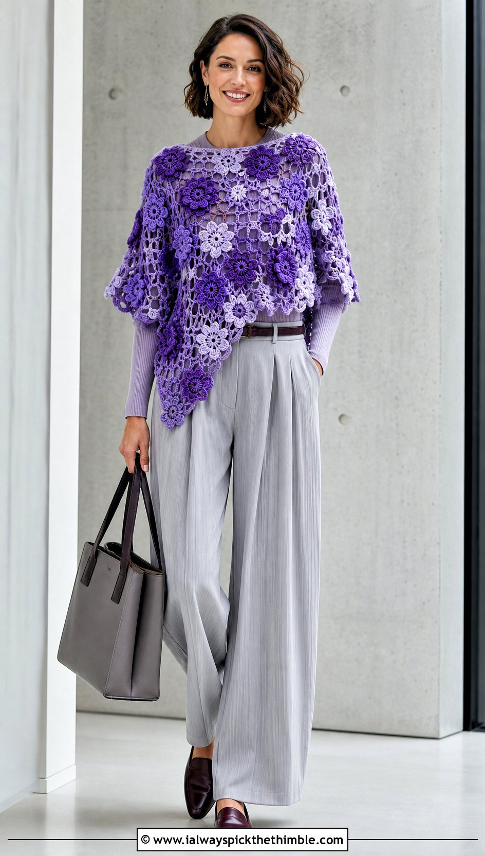 Floral Motif Crochet Poncho With Pleated Trousers - 15 Vintage Crochet Poncho outfit ideas