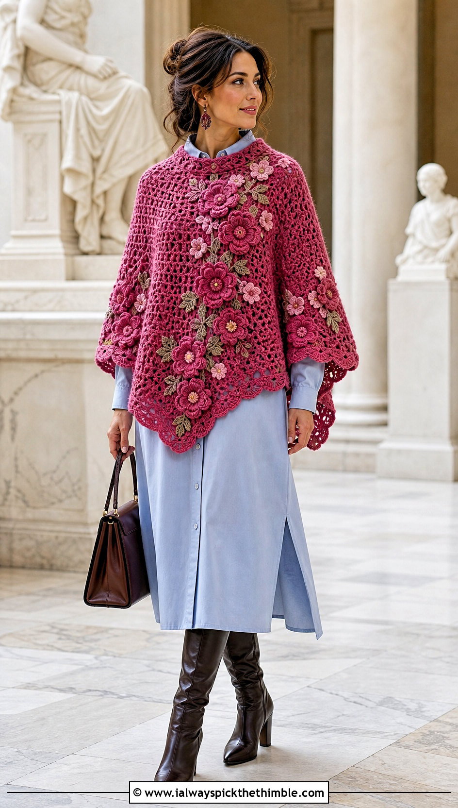 Floral Motif Crochet Poncho With Shirt Dress - 20 Crochet Fall Poncho outfit ideas
