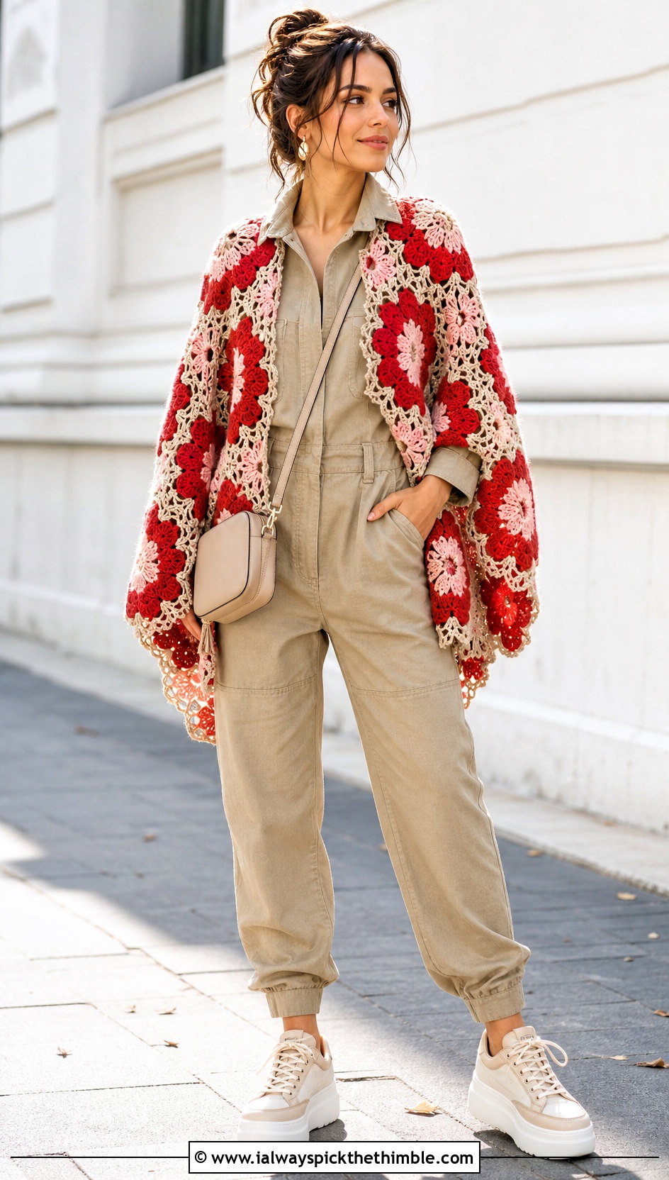 Floral Motif Crochet Poncho With Utility Jumpsuit - 25 easy crochet poncho woman outfit ideas