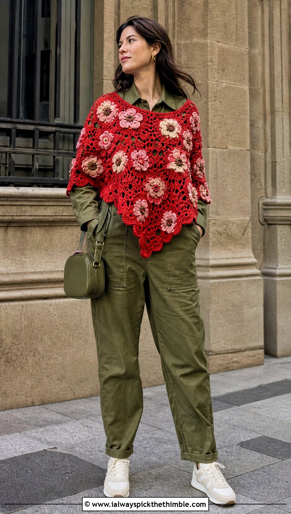 Floral Motif Crochet Poncho With Utility Jumpsuit - 15 diy crochet poncho outfit ideas